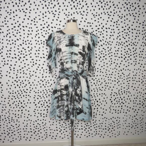 R.G. Kane Blue Tie Dye Sash Belt Puff Sleeve Cupro Dress - Picture 2 of 10